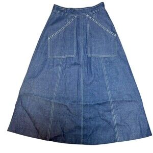 Vintage 1970s Denim Midi Skirt Snap A-line Indigo Studded Pockets S
